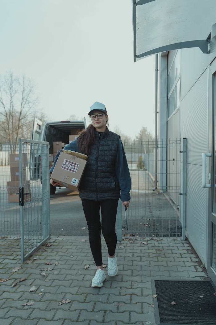 A woman delivering a package in an outdoor setting near a delivery van.